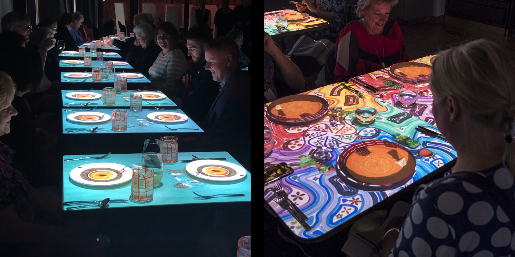 Projection mapped tabletops with plates and artwork during an immersive dining event